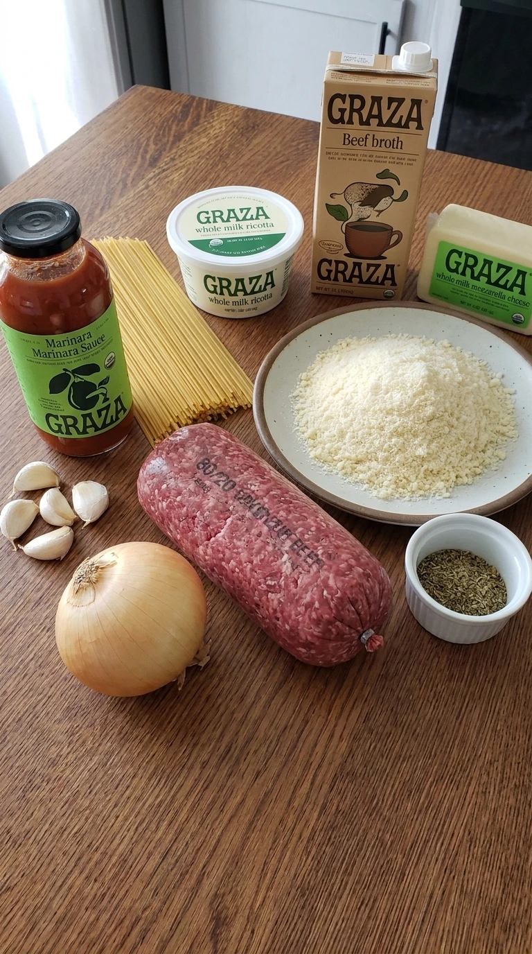 Raw ingredients for Slow Cooker Baked Spaghetti including ground beef noodles cheese and marinara sauce