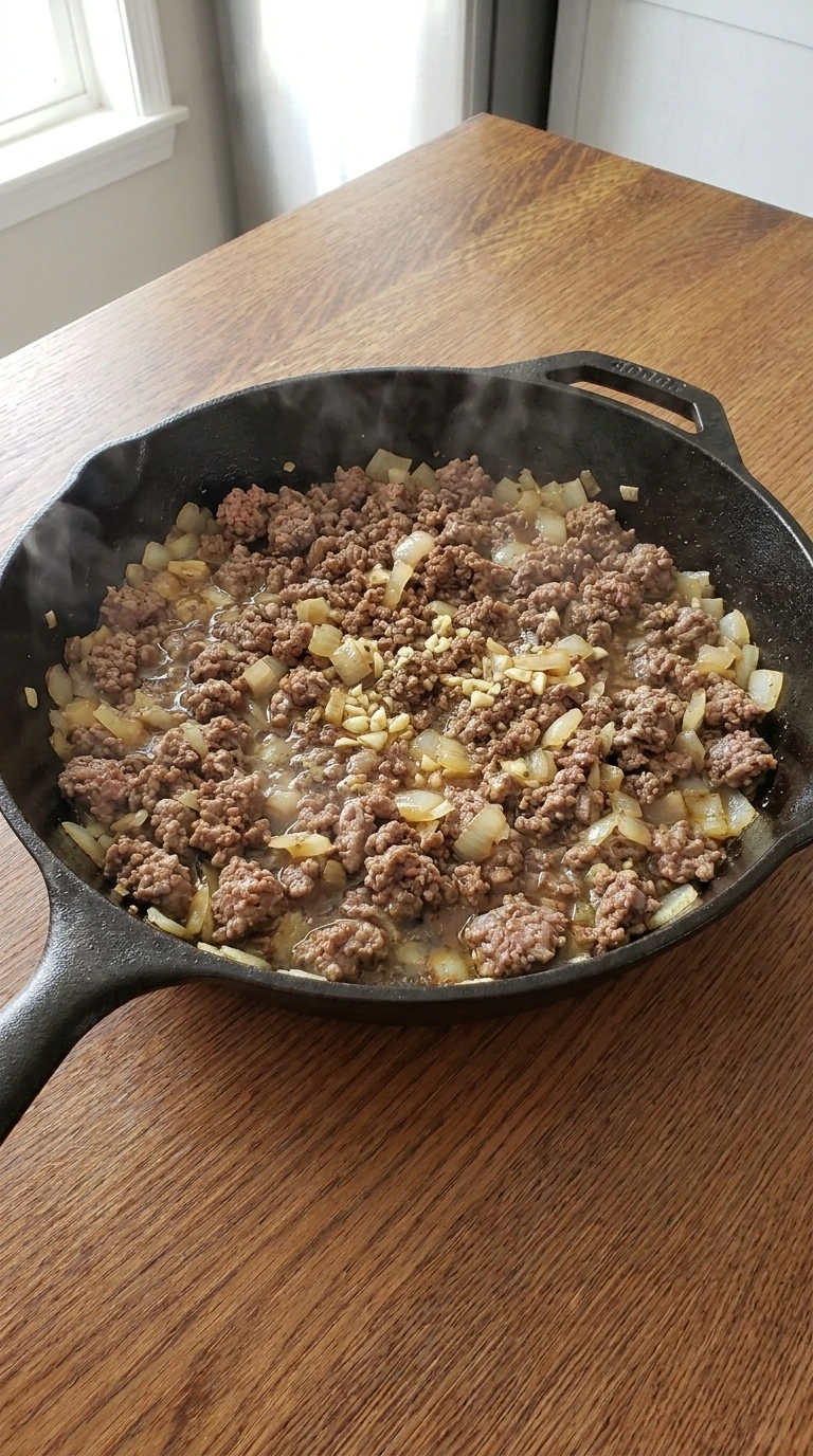 Browning ground beef and onions in a skillet for Slow Cooker Baked Spaghetti