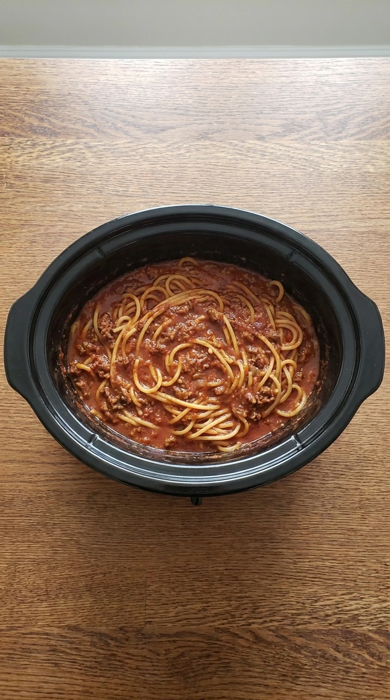 Simmering tomato meat sauce base for Slow Cooker Baked Spaghetti in crockpot