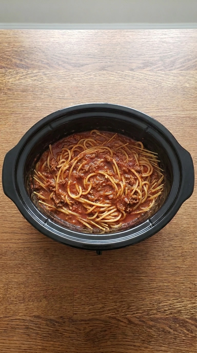 Submerging dry spaghetti strands into red sauce for Slow Cooker Baked Spaghetti