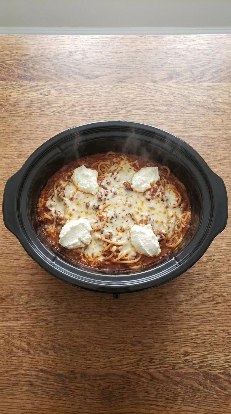 Melted mozzarella and ricotta cheese topping on Slow Cooker Baked Spaghetti