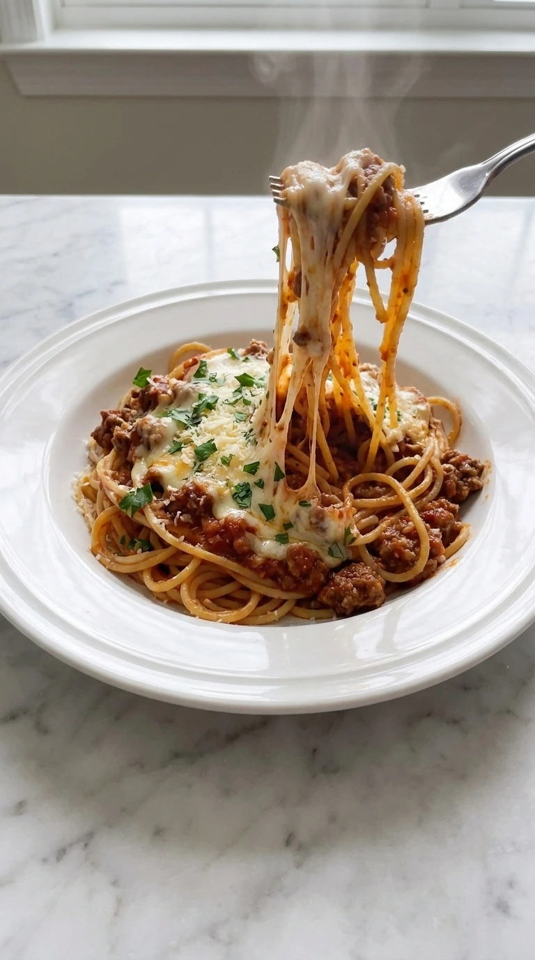 Scooping hot cheesy Slow Cooker Baked Spaghetti onto a serving plate
