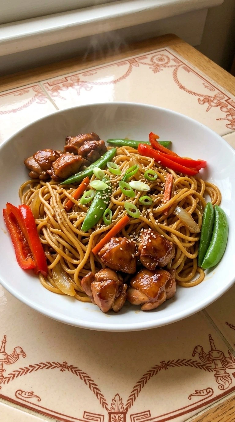 Slow Cooker Lo Mein with glossy chicken, red bell pepper, snap peas and sesame seeds