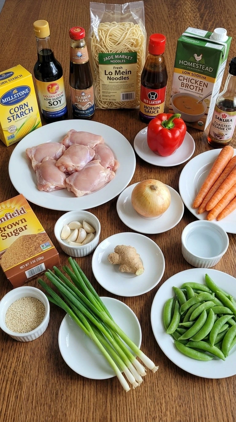 Slow Cooker Lo Mein ingredients with chicken, fresh noodles, vegetables and sauces