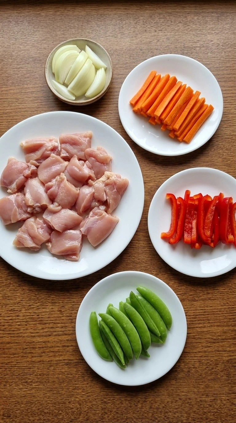 Slow Cooker Lo Mein step showing sliced chicken and vegetables before cooking