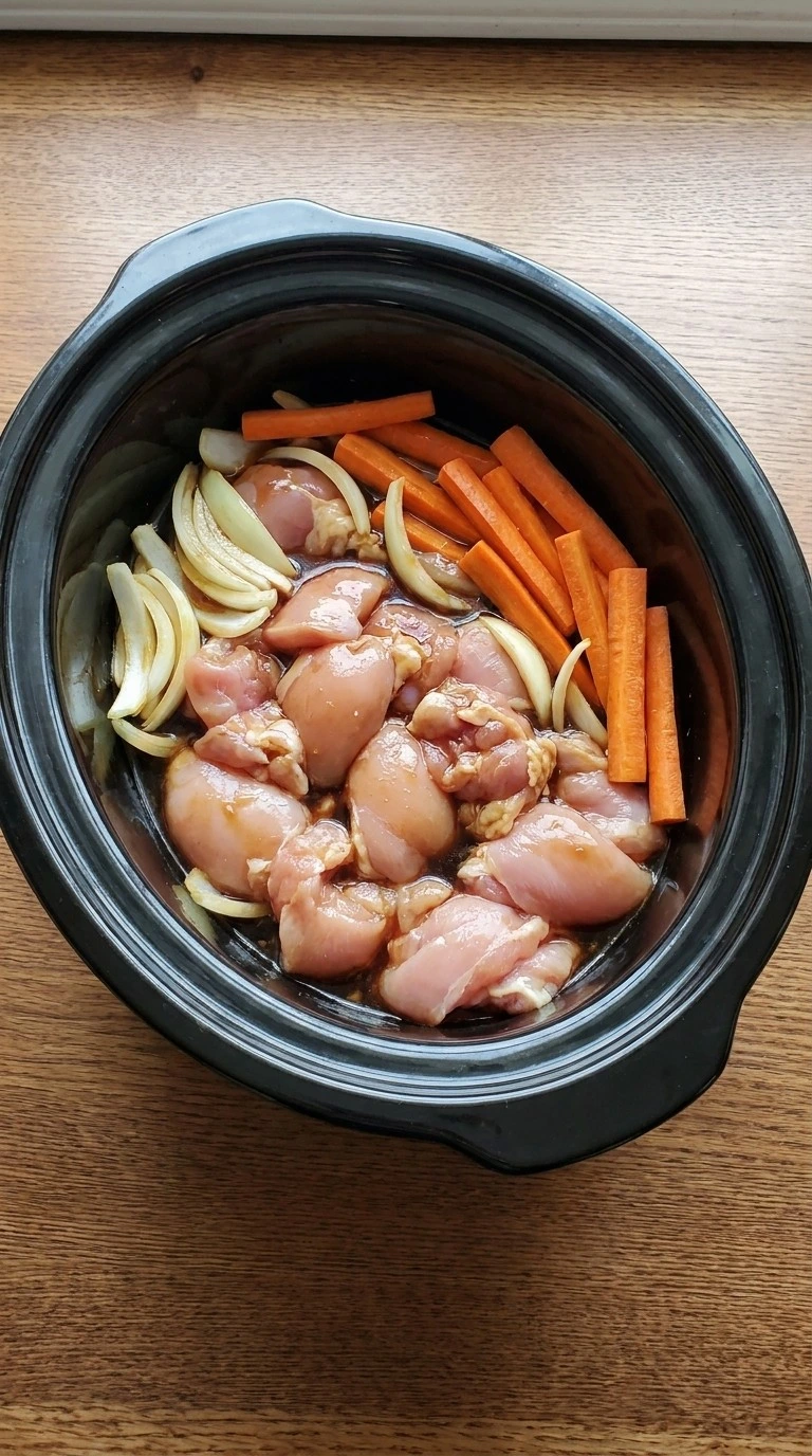 Slow Cooker Lo Mein step with chicken coated in soy ginger sauce