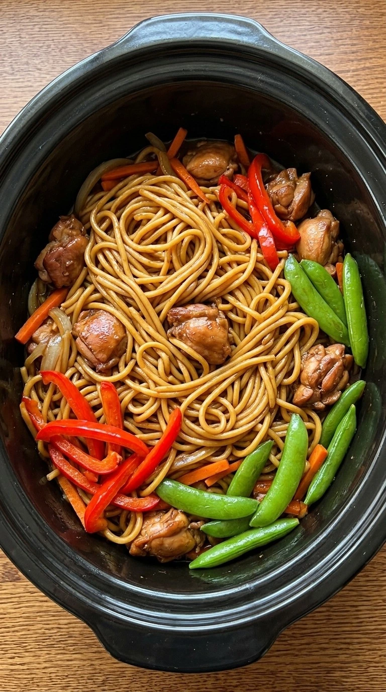 Slow Cooker Lo Mein step with glossy noodles, chicken and crisp vegetables