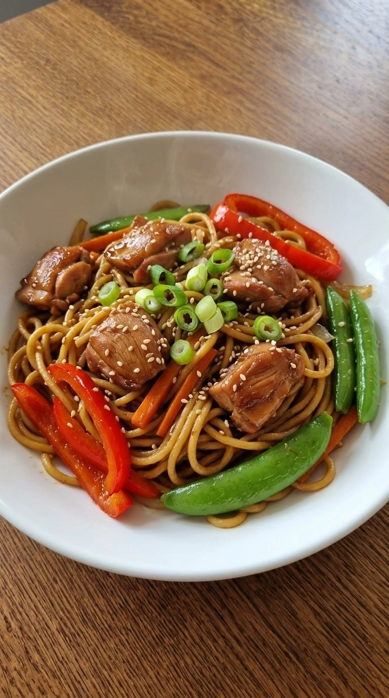 Slow Cooker Lo Mein plated with chicken, vegetables, green onions and sesame seeds