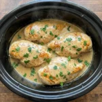 Slow Cooker Ranch Chicken with four tender breasts in creamy herb sauce