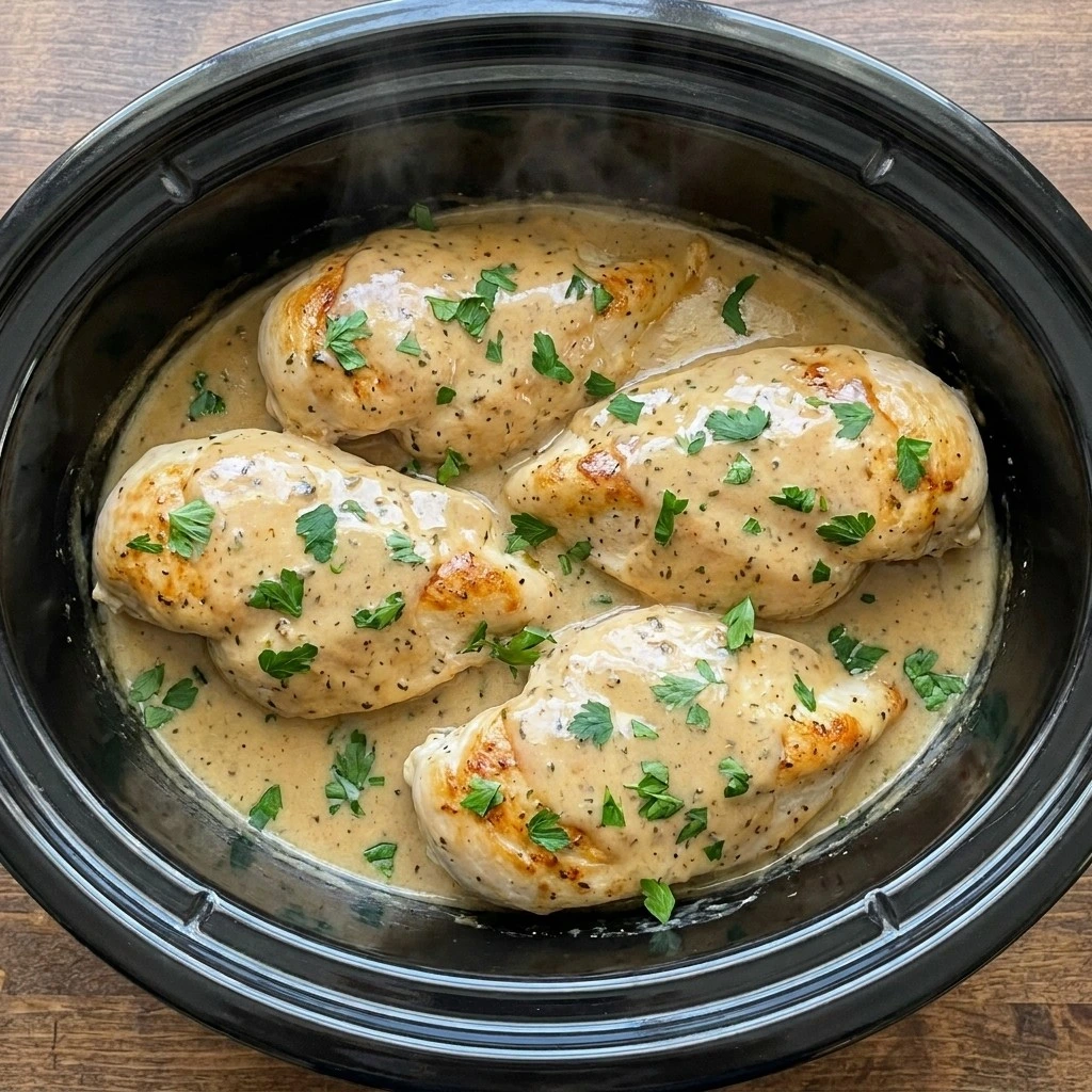 Slow Cooker Ranch Chicken with four tender breasts in creamy herb sauce