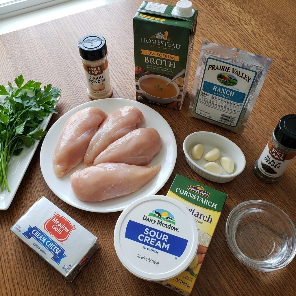 Slow Cooker Ranch Chicken ingredients including chicken breasts, ranch seasoning and cream cheese