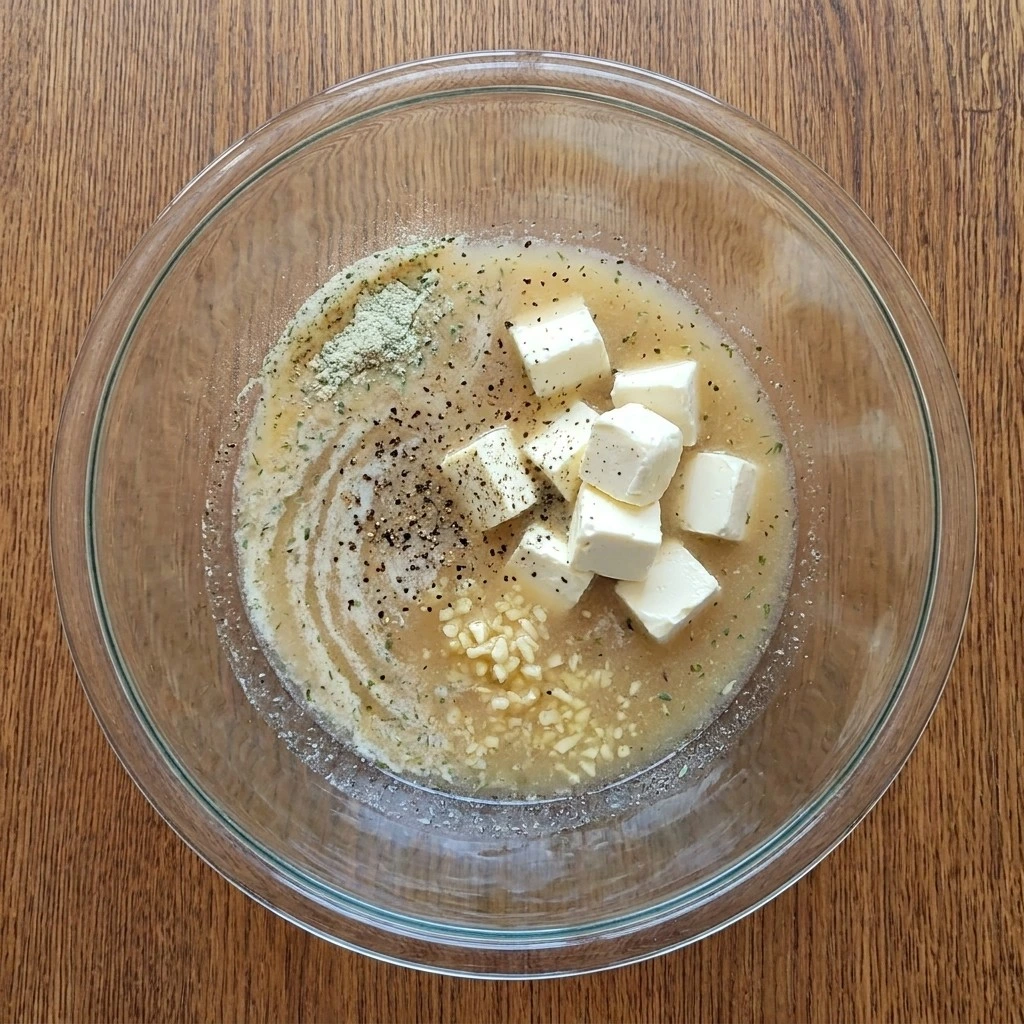 Slow Cooker Ranch Chicken ranch base with broth, seasoning and cream cheese cubes