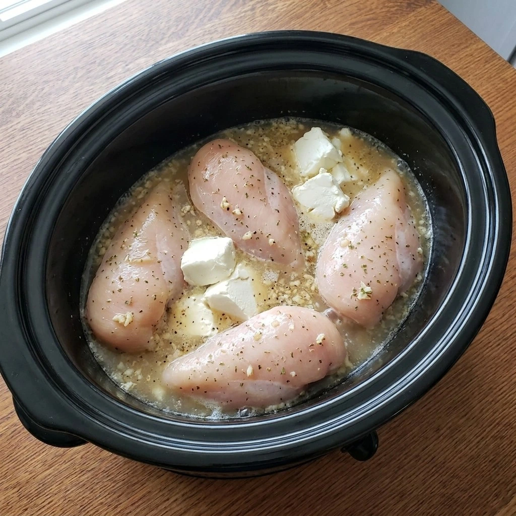 Slow Cooker Ranch Chicken with four breasts coated in ranch mixture