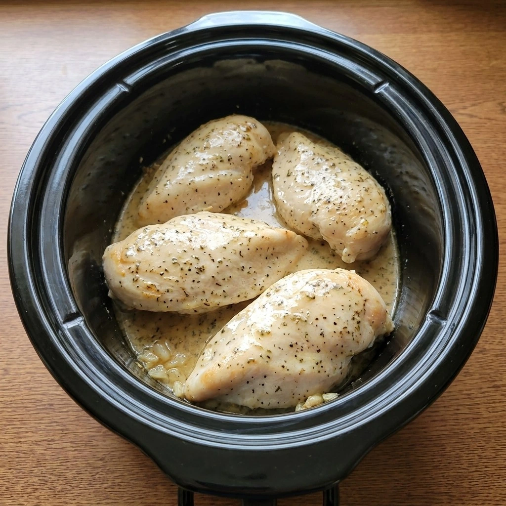 Slow Cooker Ranch Chicken cooked to 165°F with golden edges