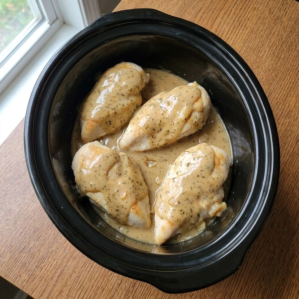 Slow Cooker Ranch Chicken coated in thick glossy ranch sauce