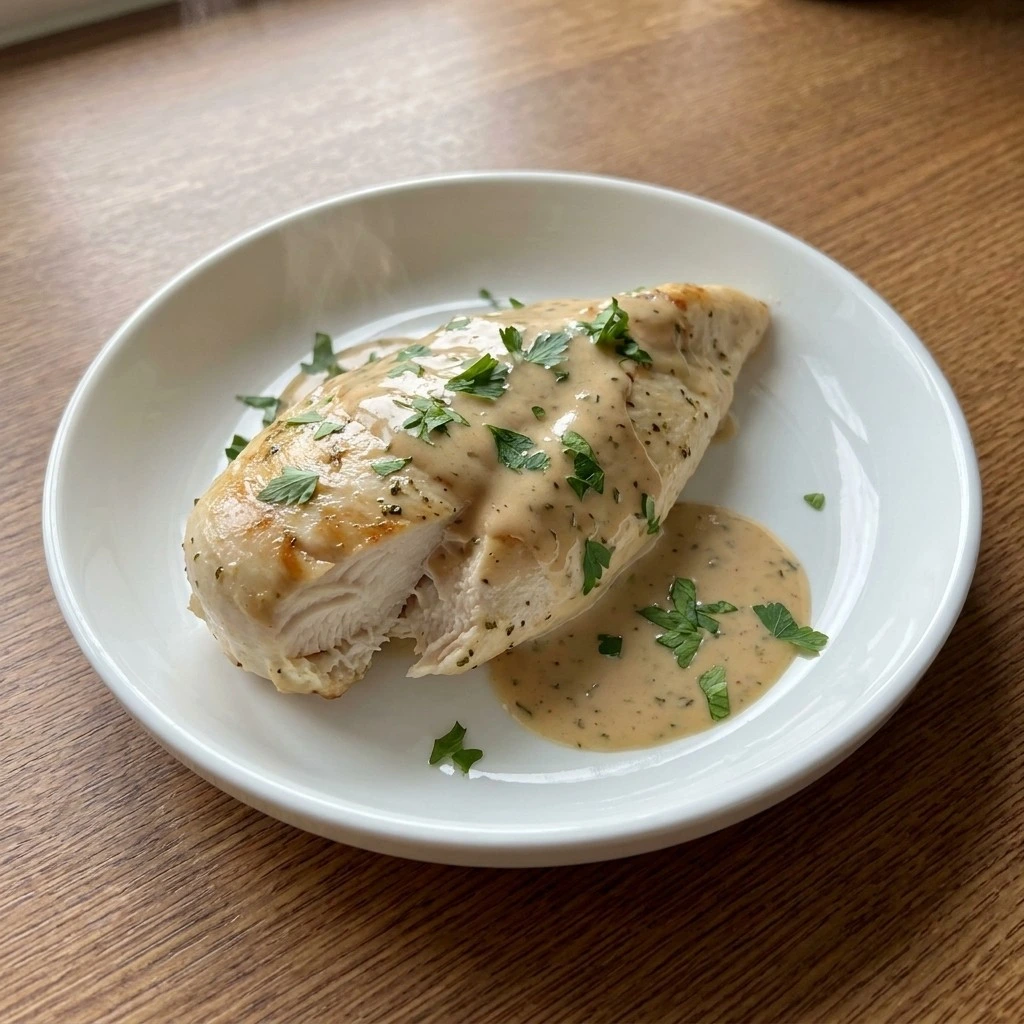 Slow Cooker Ranch Chicken plated with creamy sauce and parsley