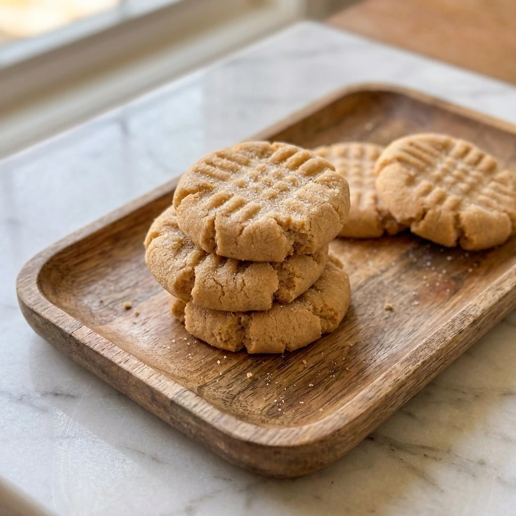 Stack of fresh Soft Peanut Butter Cookies showing golden fork cross marks