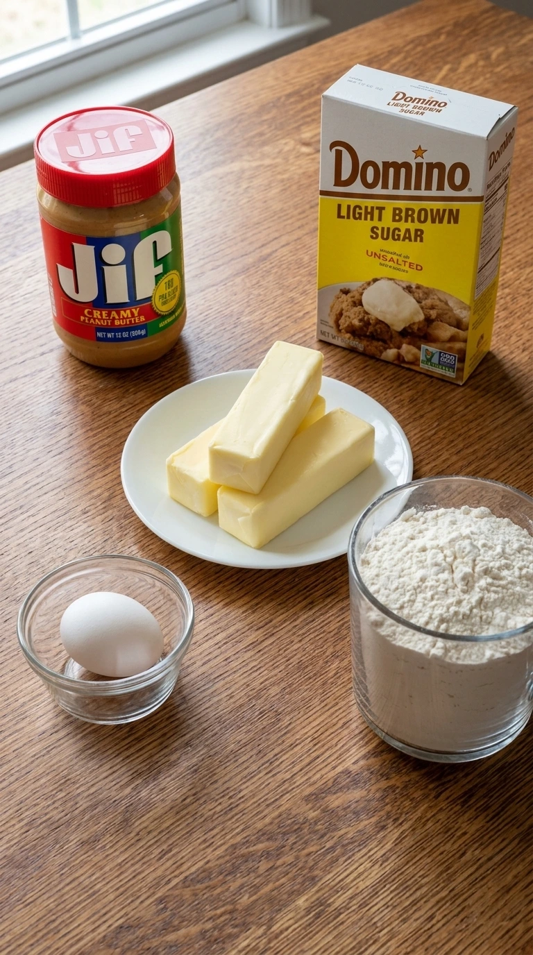 Ingredients for Soft Peanut Butter Cookies laid out on countertop