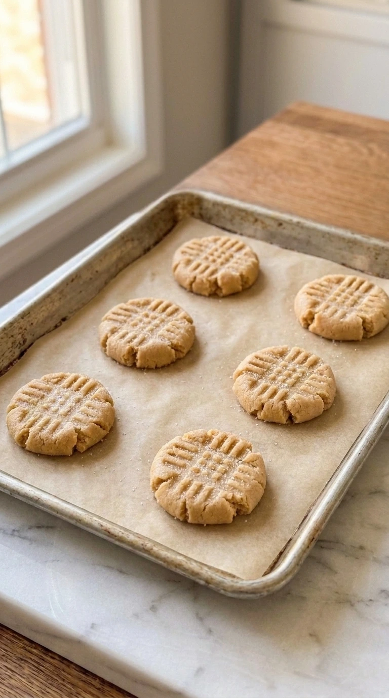 Pressing fork crosshatch onto Soft Peanut Butter Cookies dough balls