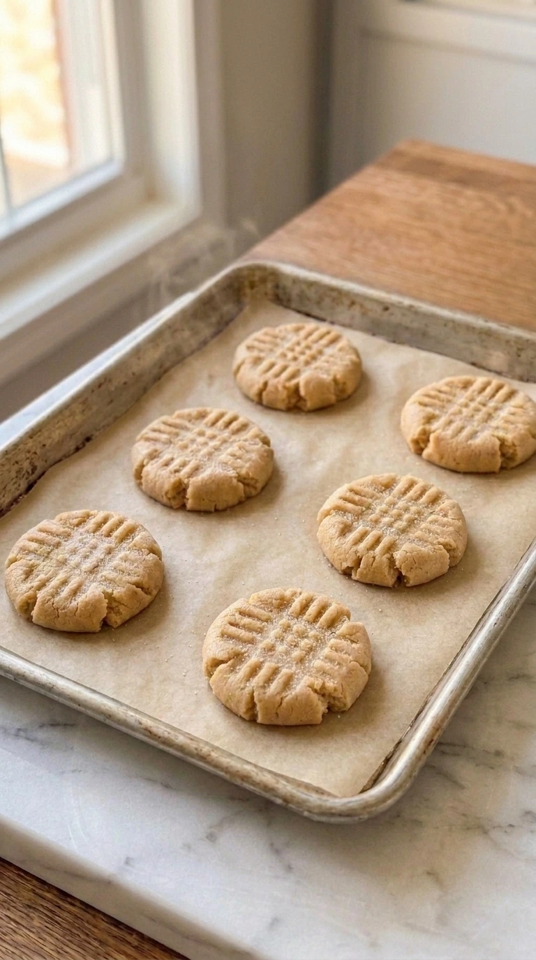Freshly baked Soft Peanut Butter Cookies cooling on a pan