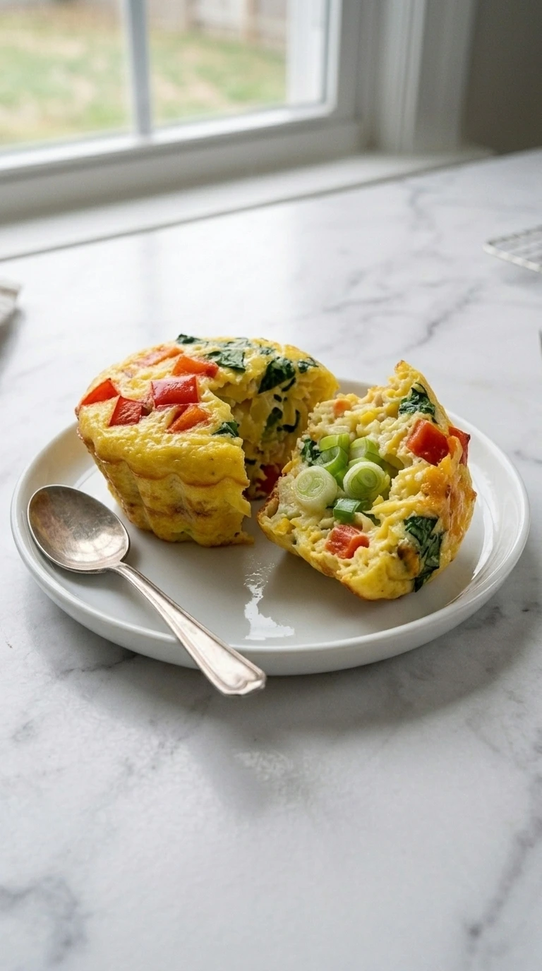 Split Patty Pan Squash Egg Muffin showing a moist vegetable-filled center