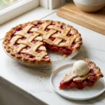 Strawberry Rhubarb Pie with golden lattice crust and glossy ruby fruit filling