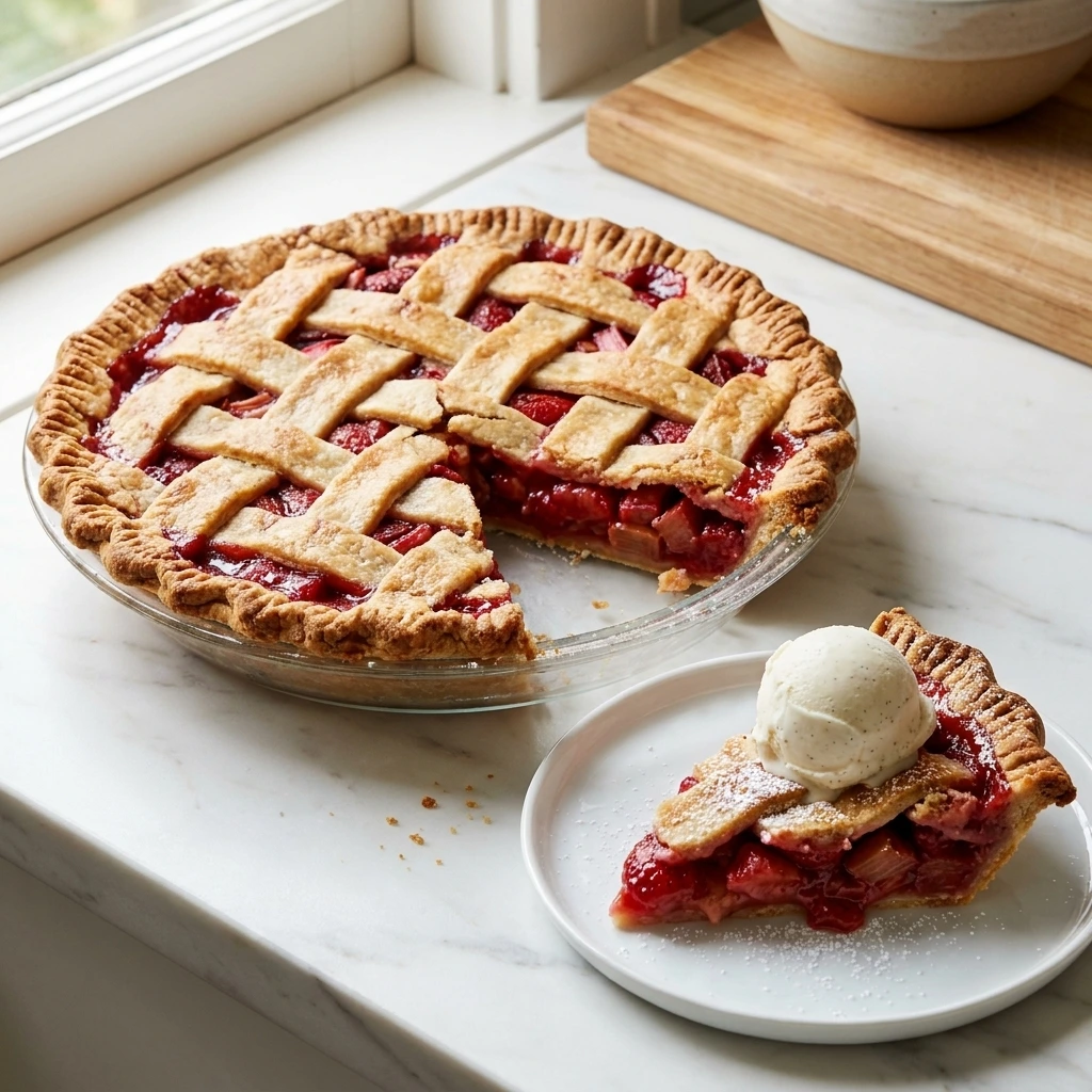 Strawberry Rhubarb Pie with golden lattice crust and glossy ruby fruit filling