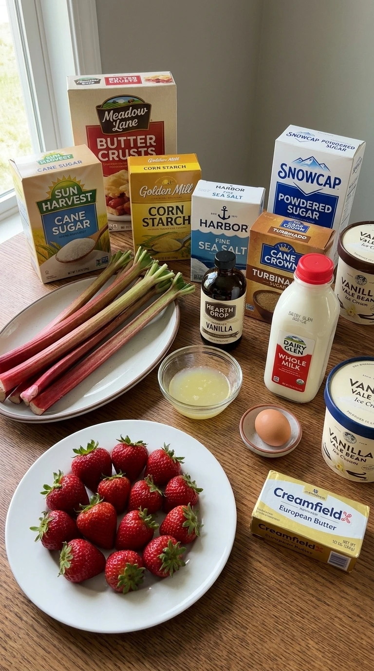 Strawberry Rhubarb Pie ingredients with whole berries, rhubarb, crust and baking staples