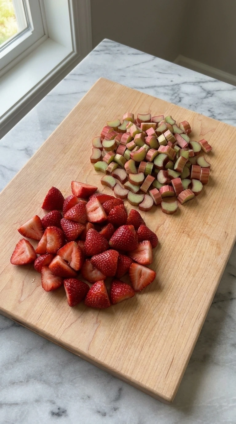 Strawberry Rhubarb Pie fruit preparation with quartered strawberries and sliced rhubarb