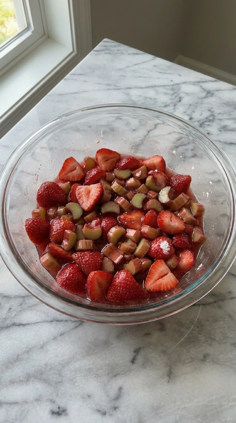 Strawberry Rhubarb Pie filling with glossy strawberries and rhubarb in a bowl
