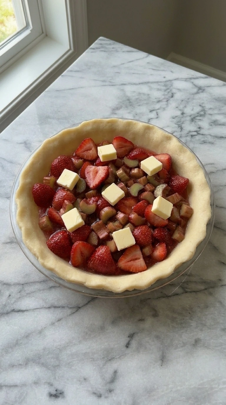 Strawberry Rhubarb Pie filling layered inside a chilled bottom crust