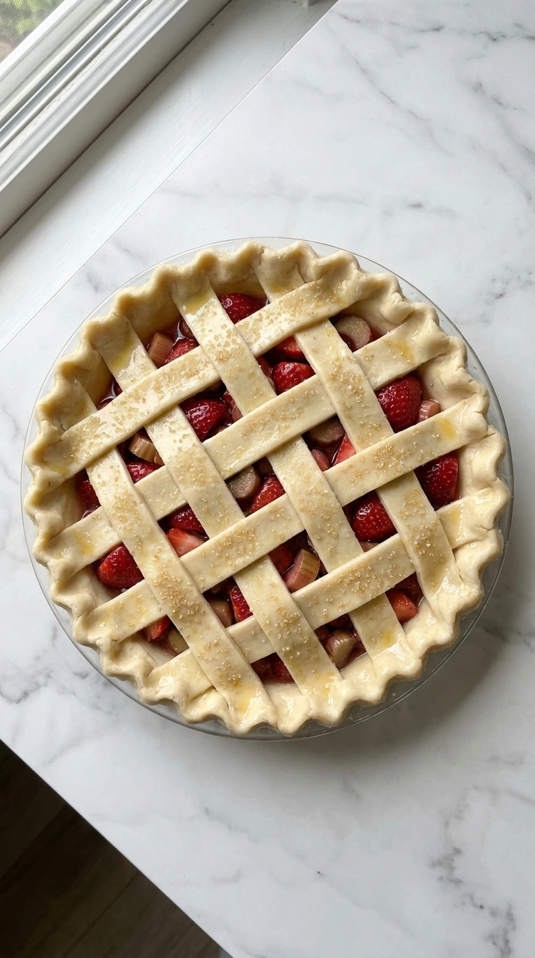 Strawberry Rhubarb Pie with an unbaked lattice crust and coarse sugar