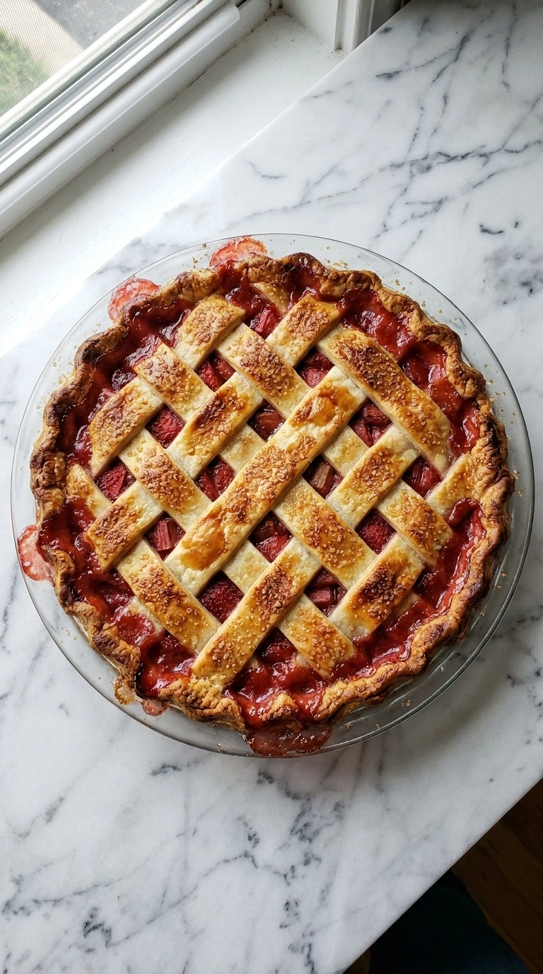 Strawberry Rhubarb Pie baked until ruby filling bubbles through golden lattice