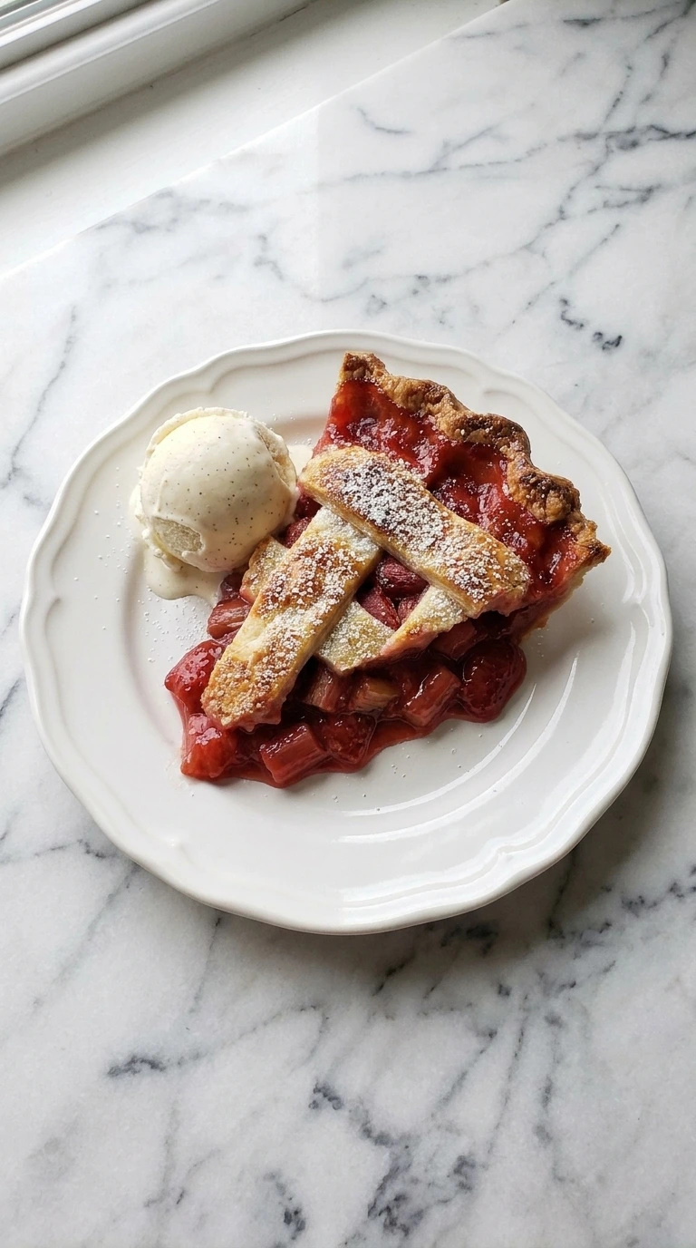 Strawberry Rhubarb Pie slice with vanilla bean ice cream and powdered sugar