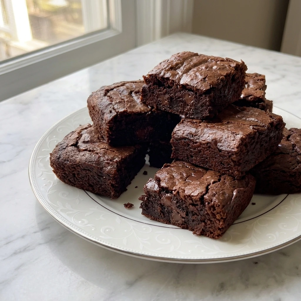 Sweet Potato Brownies stacked squares with glossy chocolate tops