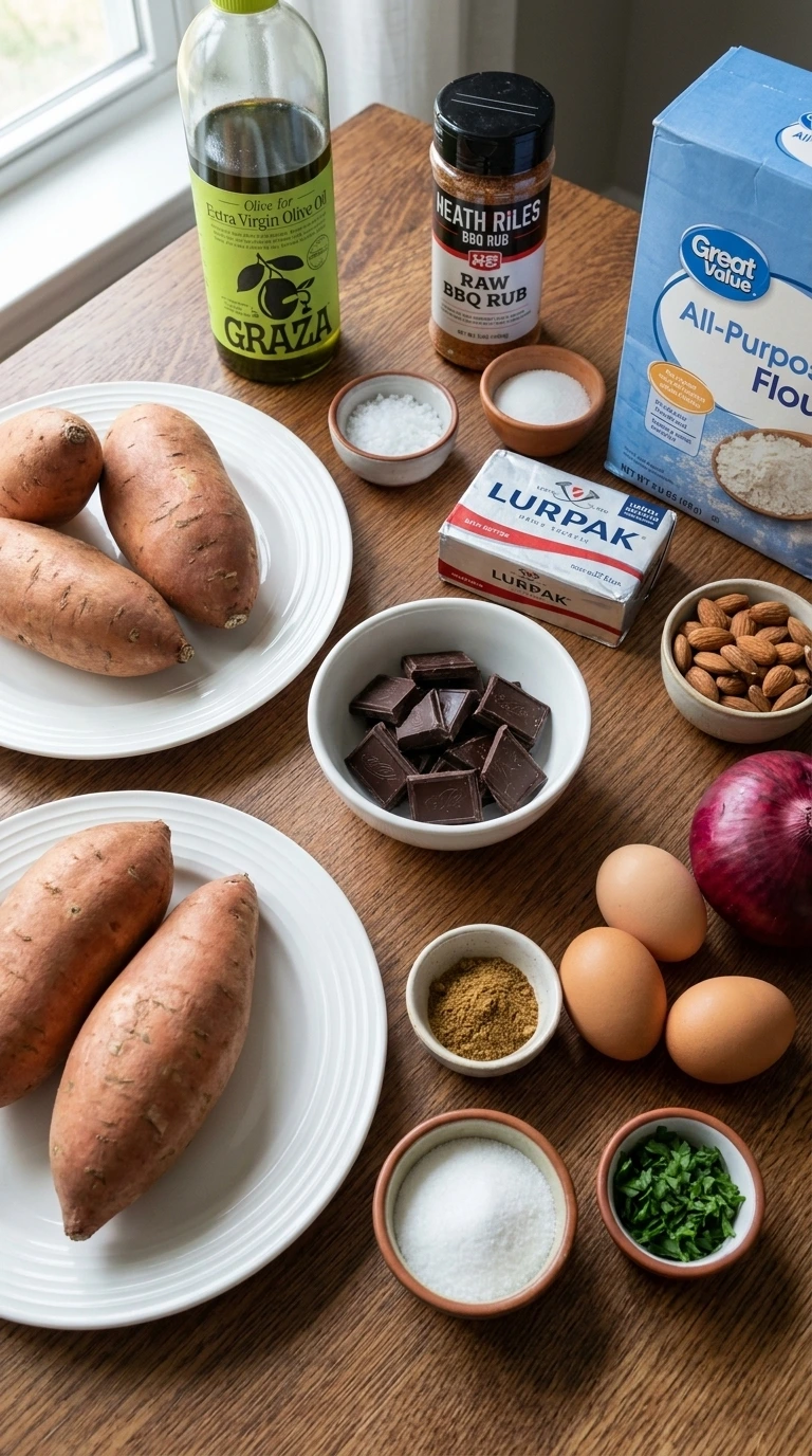 Sweet Potato Brownies ingredients arranged for baking