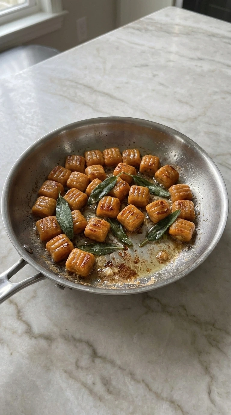 Sweet Potato Gnocchi browning with butter and sage