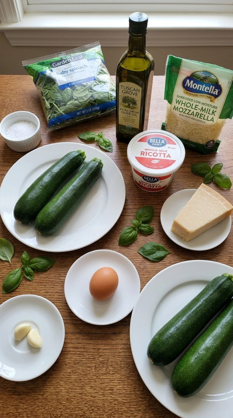 Ingredients for Zucchini Roll-Ups with ricotta, spinach, marinara and mozzarella