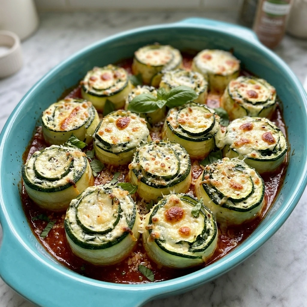 Baked Zucchini Roll-Ups with spinach ricotta, marinara and browned mozzarella