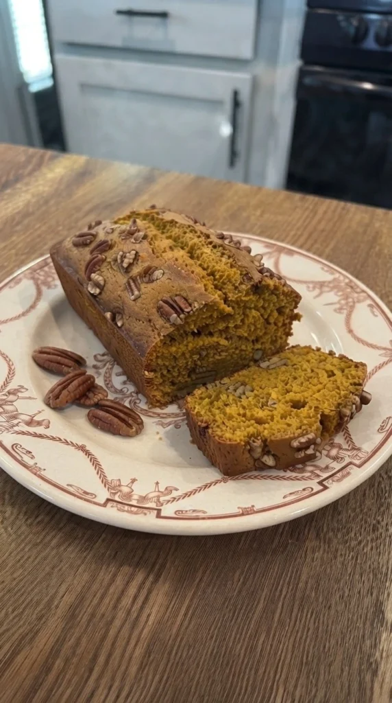 Almond Flour Pumpkin Bread with a sliced golden loaf showing its moist pumpkin crumb. Recipe focus: pumpkin bread with almond flour.