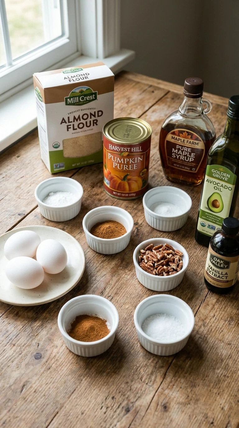 Ingredients prepared for Almond Flour Pumpkin Bread including almond flour pumpkin puree eggs and spices. Recipe focus: keto pumpkin bread.