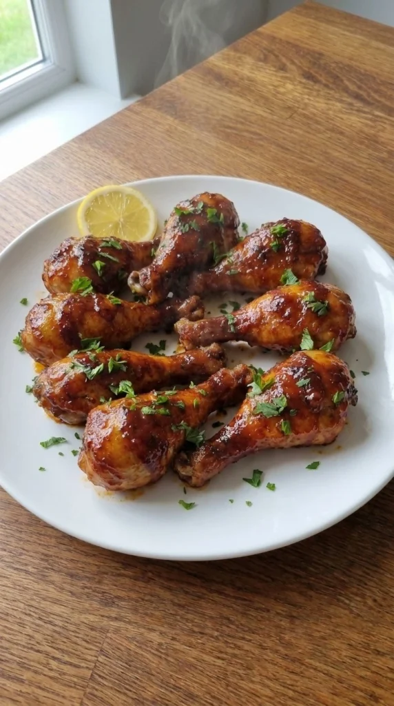 Baked BBQ Chicken Drumsticks with glossy glazed drumsticks on a serving plate Recipe focus: bbq baked chicken thighs.