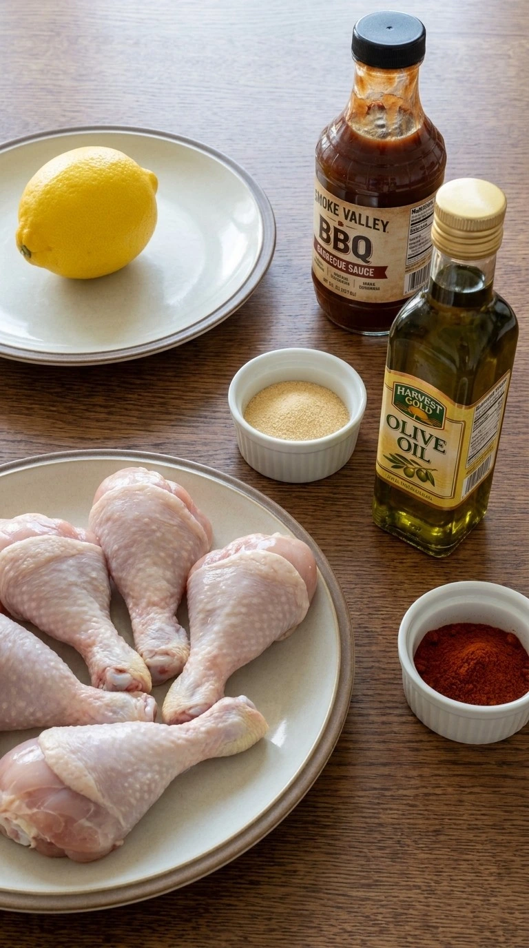 Baked BBQ Chicken Drumsticks ingredients with chicken drumsticks spices and barbecue sauce Recipe focus: baked chicken thighs and drumsticks.