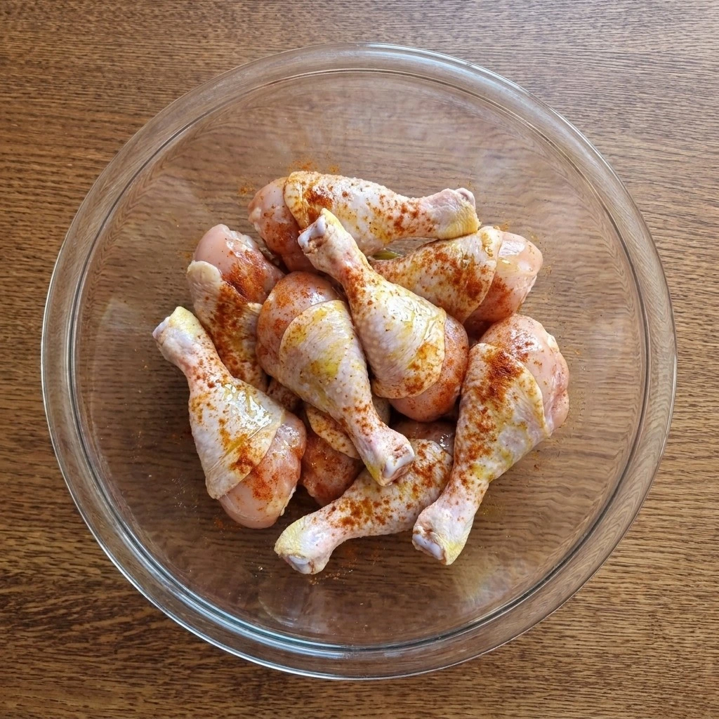 Baked BBQ Chicken Drumsticks seasoning coated before roasting Recipe focus: oven baked bbq chicken thighs.