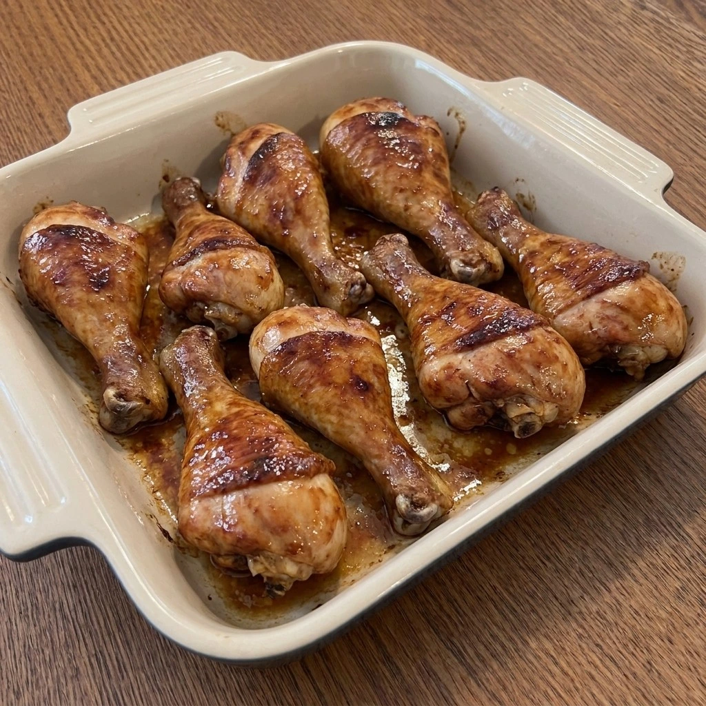Baked BBQ Chicken Drumsticks roasting with golden skin in baking dish Recipe focus: baked bbq chicken thighs.