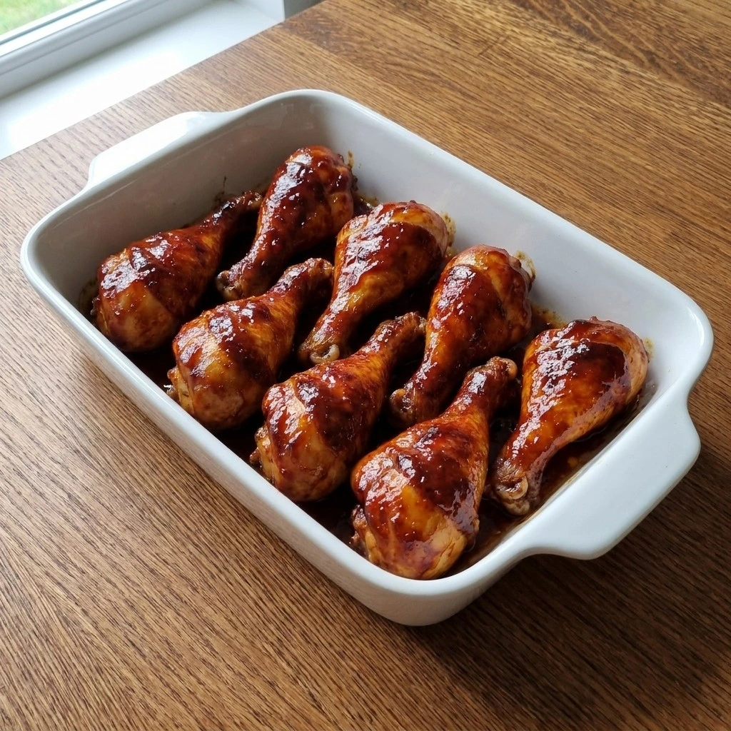 Baked BBQ Chicken Drumsticks brushed with glossy barbecue glaze Recipe focus: baked chicken thighs.