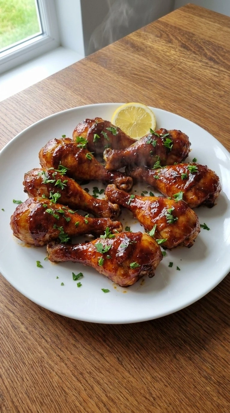 Baked BBQ Chicken Drumsticks finished with glossy mahogany barbecue glaze Recipe focus: bbq baked chicken thighs.
