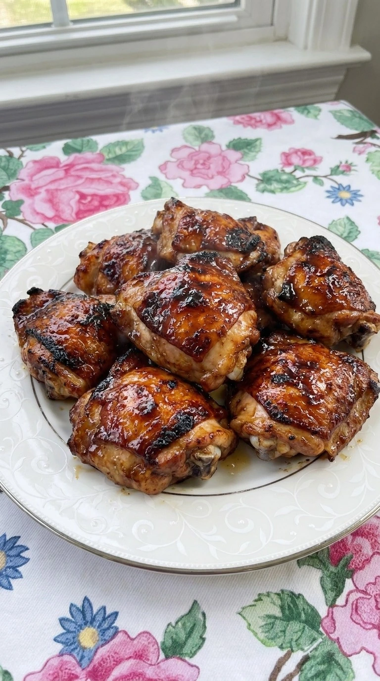 Banana BBQ Chicken with glossy mahogany glazed chicken pieces on a white plate Recipe focus: bbq chicken crockpot easy.