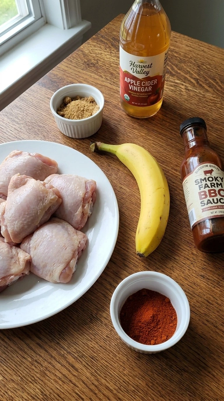 Banana BBQ Chicken ingredients with chicken thighs bananas and barbecue sauce Recipe focus: barbecue chicken crock pot.