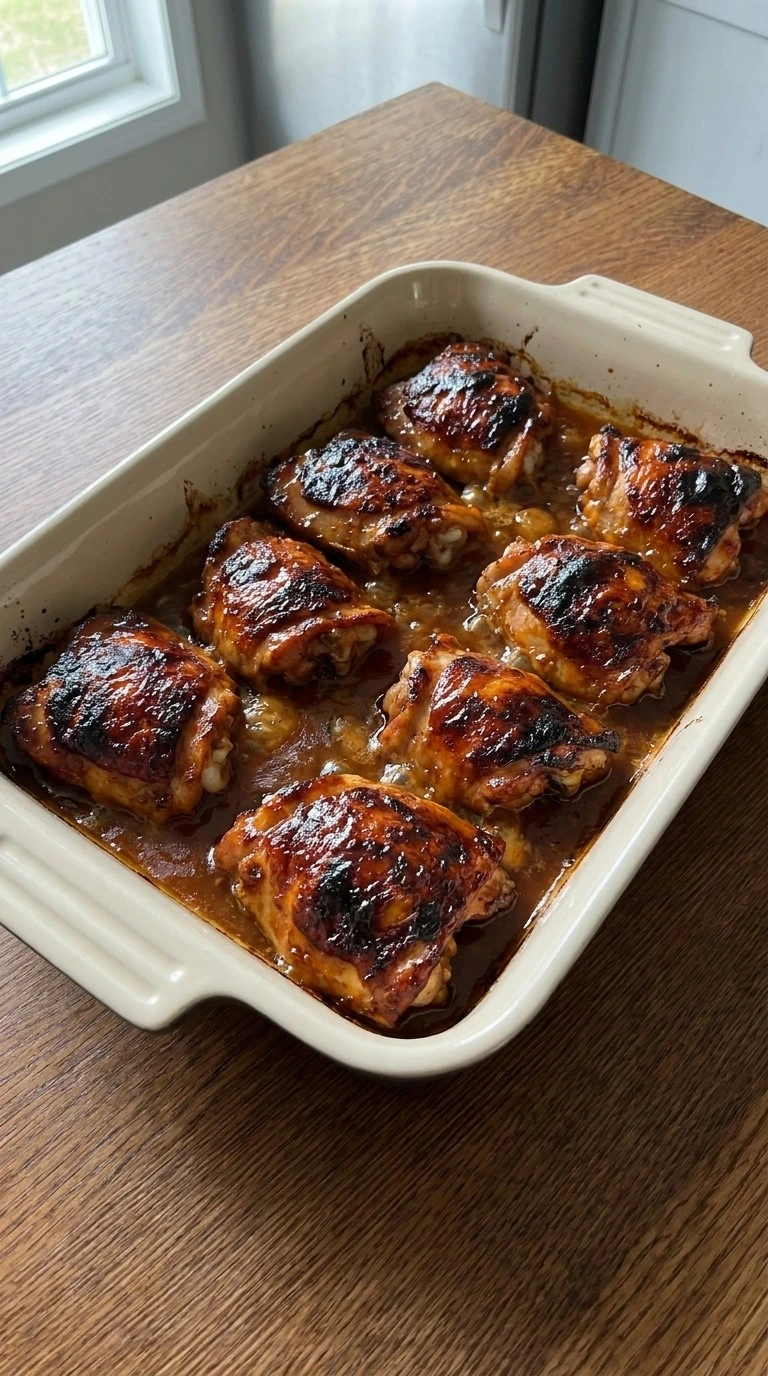 Banana BBQ Chicken baking with caramelized glazed chicken thighs Recipe focus: easy crockpot meals.
